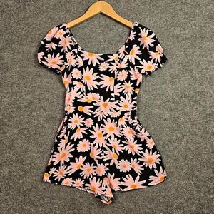 Lily Rose Romper XS Pink Black Orange Flowers Floral Short Sleeves With Pockets‎